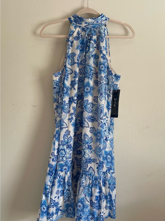 MSK Dresses & Skirts - MSK White Dress with Blue Floral Halter Neck